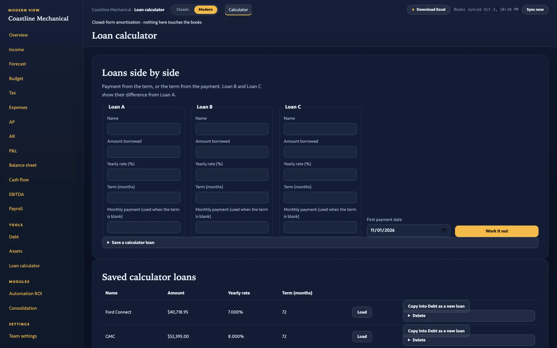 The Loan calculator: three loans side by side with payment, total interest and the difference against loan A.