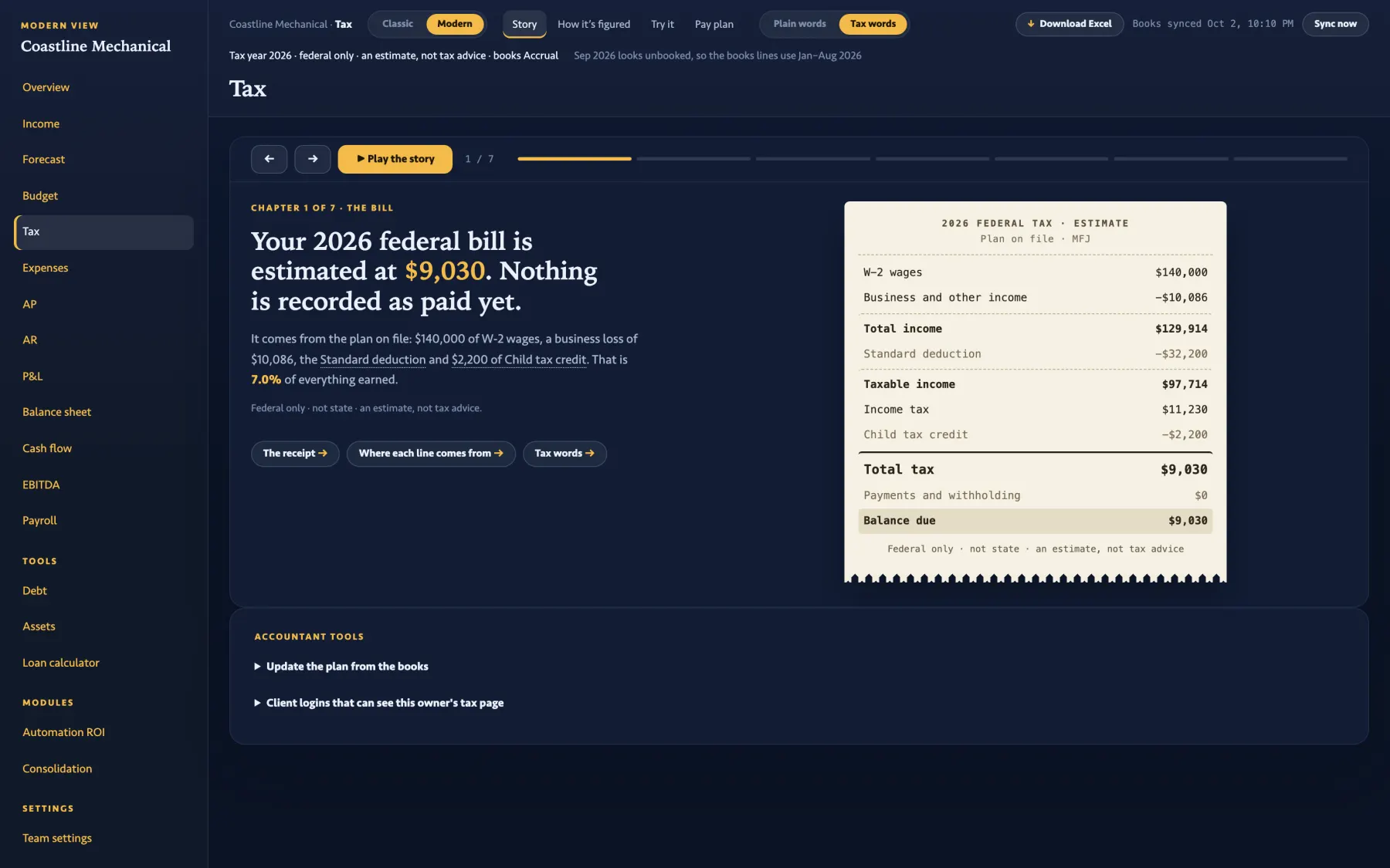 The Tax Story: 'Your 2026 federal bill is estimated at $9,030. Nothing is recorded as paid yet', beside a receipt-style estimate with wages, business income, deduction, credit and balance due.